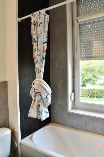 une salle de bain avec une baignoire et une fenêtre dans l'établissement La Domus Lemaitre 5- Parking - TV - Wifi, à Bavay