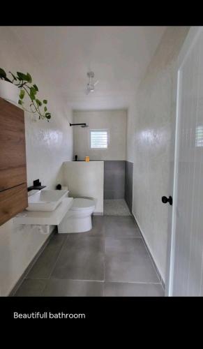 Baño blanco con aseo y lavamanos en Boater House PR en Salinas