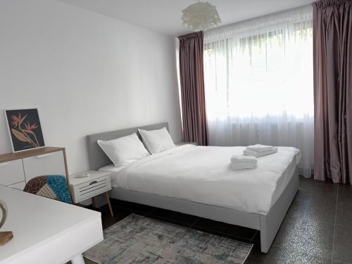 Un dormitorio con una cama y una ventana grande. en XOX Comfort Obregia, en Bucarest