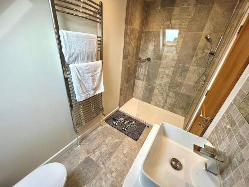 uma casa de banho com um lavatório e um chuveiro em Moonsticks, Modern & Well Presented 5 Bed House em Spixworth