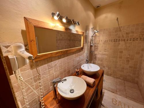 une salle de bain avec un lavabo, une douche et un miroir dans l'établissement Le Lapin sur le Toit - Magnifique grange du XVIIIème, à Rouffignac-Saint-Cernin-de-Reilhac