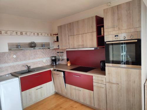 a small kitchen with wooden cabinets and red accents at Apartment Bergzauber - traumhafter Ausblick & Pool in Braunlage