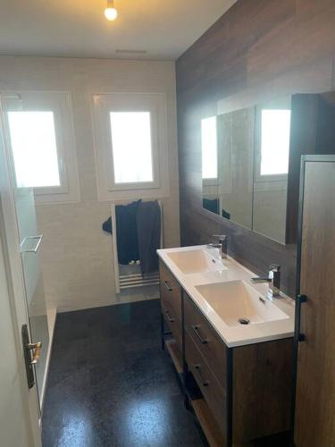 une salle de bain avec un lavabo et un miroir dans l'établissement Logement 6 couchages, 3 chambres , jardin , parking , fibre wifi, à Les Sables-dʼOlonne