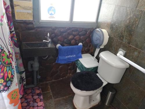 a bathroom with a toilet and a sink at Hostal Pampaloja Antof in Antofagasta