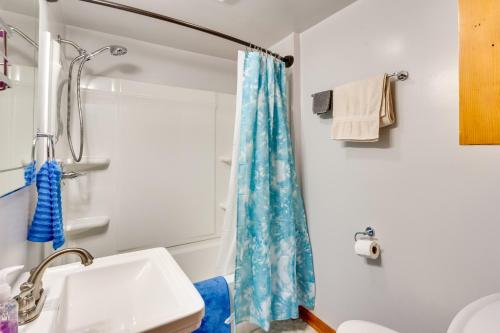 baño con cortina de ducha azul y lavamanos en Pet-Friendly Ohio Retreat with Patio and Fire Pit!, en Buckeye Lake