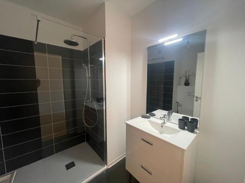 une salle de bain avec un lavabo et une douche dans l'établissement Studio 115 Wellness Cap d'Agde, au Cap d'Agde