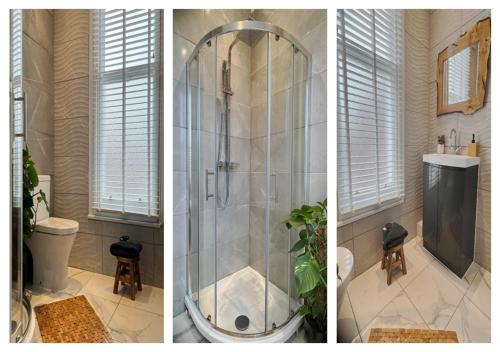 three pictures of a shower in a bathroom at Perfectly located City Centre apartments in Exeter