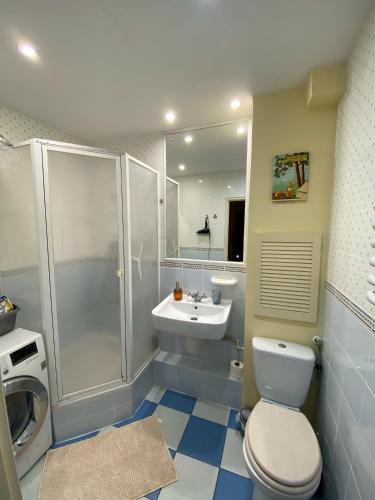 a bathroom with a shower and a toilet and a sink at Apartament Dyrektorski in Stalowa Wola