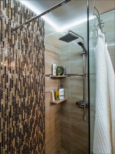 une salle de bain avec une douche avec une porte vitrée dans l'établissement Appartement entier 2 chambres Strasbourg-Lingolsheim, proche de tram, à Lingolsheim