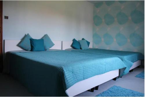 a bedroom with a blue bed with blue pillows at Charme en Champagne in Trémilly