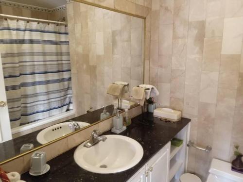 a bathroom with a sink and a toilet and a mirror at Apartamento Empresarial La Carolina zona comercial in Quito