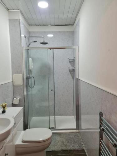 ein Bad mit einer Dusche, einem WC und einem Waschbecken in der Unterkunft Haymarket Station Rooms in Edinburgh