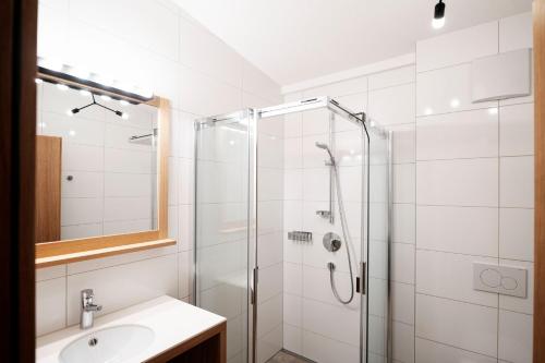 W łazience znajduje się prysznic i umywalka. w obiekcie Berg Aparts Faschina - 13 - b42795 w mieście Fontanella