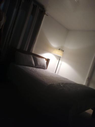 uma cama num pequeno quarto com um candeeiro em Hospedaje MV em Coto Brus