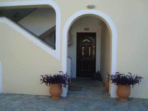 dos macetas sentadas frente a una puerta en Olga Apartments en Agios Georgios