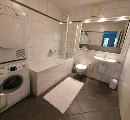 a bathroom with a sink and a washing machine at Stylish, cosy flat close to Cologne City Center in Cologne