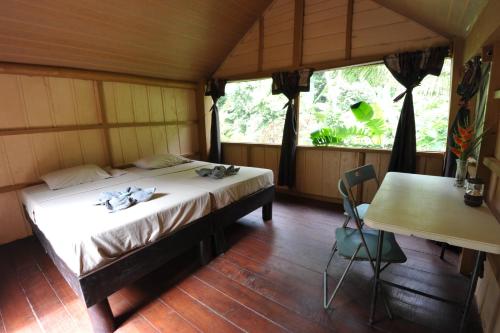 een slaapkamer met een bed en een bureau in een kamer bij Complejo Ecoturistico Tamandua in Drake