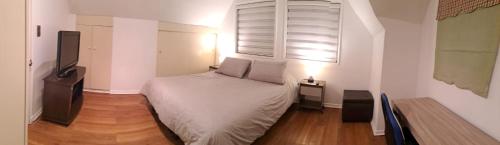 Dormitorio pequeño con cama y TV en Lorena, en Concepción