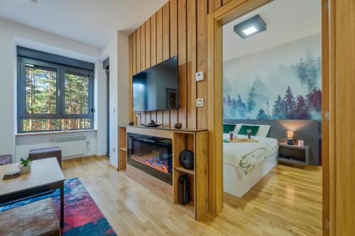 a bedroom with a bed and a tv and a fireplace at Apartman Maska in Zlatibor