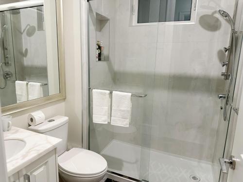 a bathroom with a shower and a toilet and a sink at Haven Tree Sweet Home in Richmond