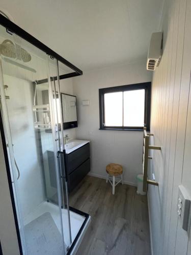 a small bathroom with a shower and a sink at The Cottage in Queenstown