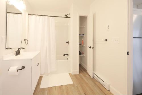 a white bathroom with a sink and a shower at Idyllic & Cozy Stylish Belmont Haven near Lewiston - 1BR 1BA Apartment in Auburn