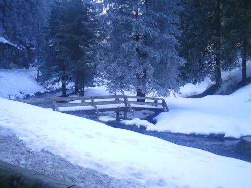 a wooden bridge over a river in the snow at Hôtel Au Feu De Bois in Autrans