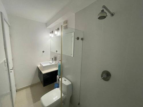 a white bathroom with a toilet and a sink at Piscina Mar en el Paraíso Caribe in Colón