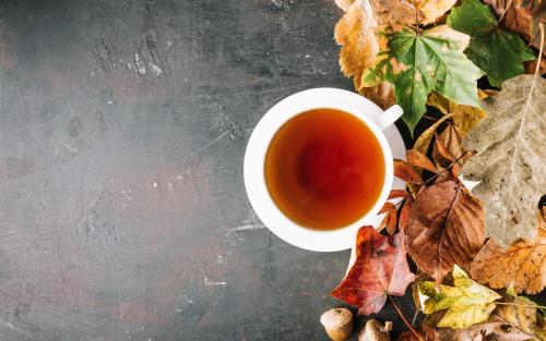 uma chávena de chá e folhas de Outono sobre uma mesa em Hostel Light em Odessa