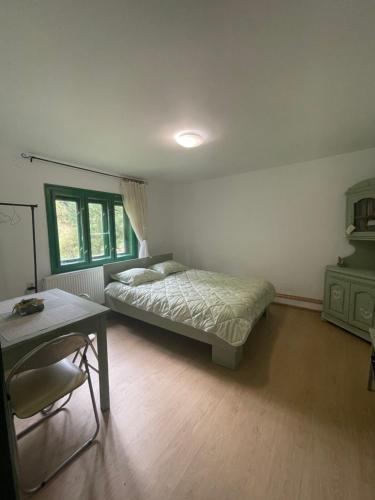 a bedroom with a bed and a table in it at Căsuța din Vale in Râșca