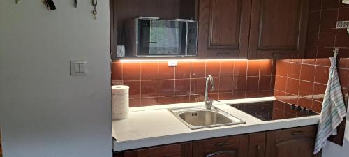 una cocina con fregadero y microondas en La Thuile bilocale frazione Entrèves Condominio Ametista 30, en La Thuile