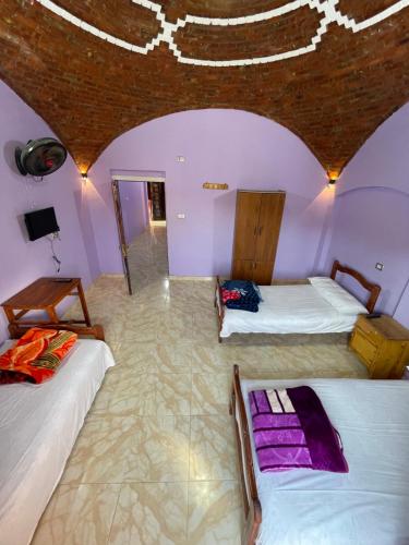 a room with two beds with purple walls at Desert Escape siwa -with palm & olive Garden - Hot Spring in Siwa