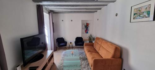 a living room with a couch and a television at Appartement de charme au cœur de la vieille ville in Annecy