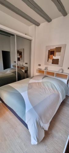 une chambre avec un grand lit dans une pièce dans l'établissement Appartement de charme au cœur de la vieille ville, à Annecy