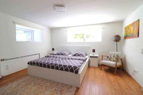 a bedroom with a bed and a chair and two windows at Montfort Apartments - Feldkirch in Feldkirch