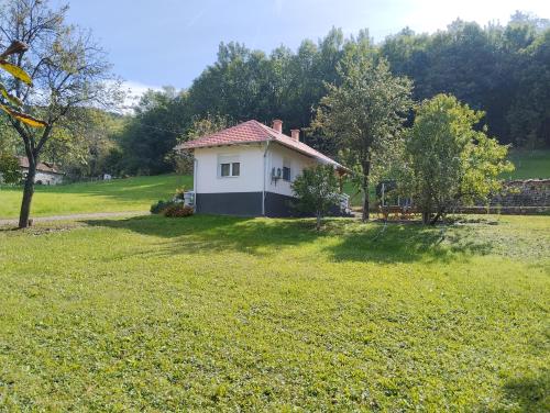 a small white house in a field of grass at Vitovnicki Mir in Petrovac na Mlavi