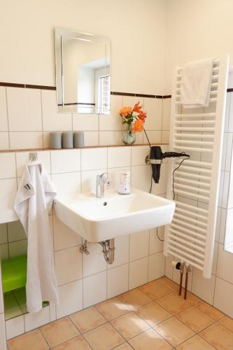 La salle de bains est pourvue d'un lavabo blanc et d'un miroir. dans l'établissement Landloft Nedderby, à Husby