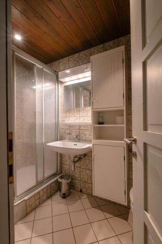 a small bathroom with a sink and a shower at Haus Maschol in Wald am Arlberg