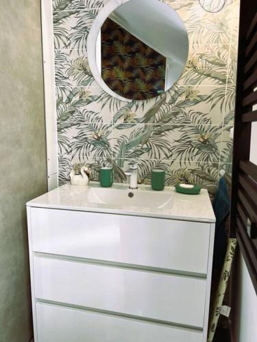 une salle de bain avec un lavabo blanc et un miroir dans l'établissement Maison la coulée douce, au Tréport