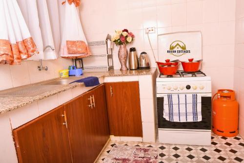 a small kitchen with a stove and a sink at Havan Furnished Apartment-Milimani N9 in Nakuru