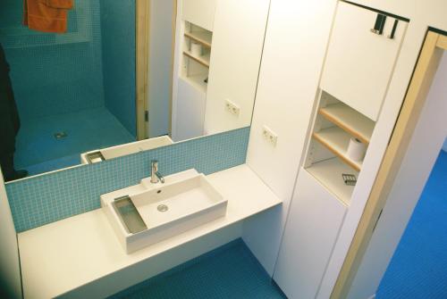 a bathroom with a sink and a mirror at Logenplatz über Trier in Trier