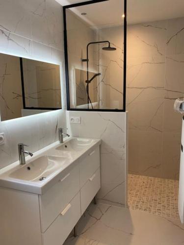 a white bathroom with a sink and a mirror at Gîte le 9 bis Kervadail in Baden