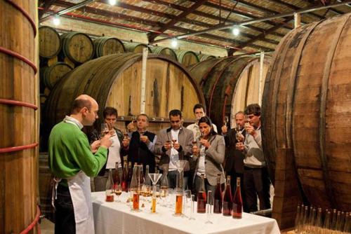 um grupo de pessoas em pé em torno de uma mesa com garrafas de vinho em CAPITAL DEL VINO CON VISTAS A LA MONTAñA em Haro