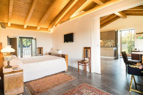 um quarto com uma cama e uma sala de estar em Villa Oliva Ecofriendly em Aci Catena