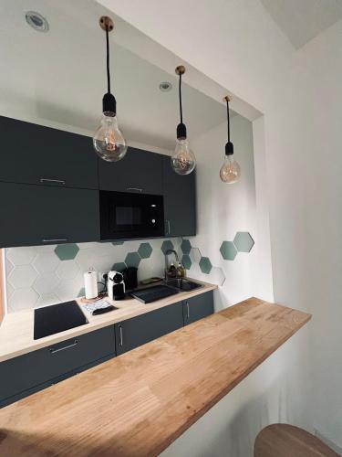 une cuisine avec comptoirs et lumières en noir et blanc dans l'établissement Saint Nicaise - Centre historique de Rouen, à Rouen