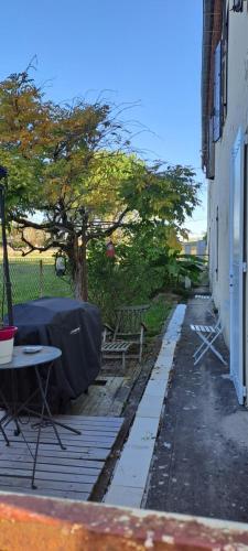 a patio with a table and chairs and a tree at La Garenne in Virazeil