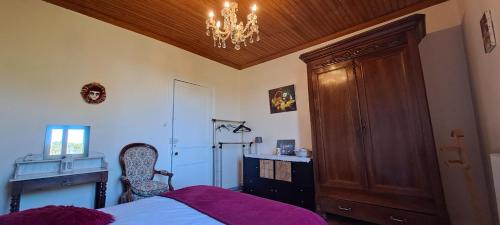 Virazeil的住宿－La Garenne，一间卧室配有一张床和一个吊灯