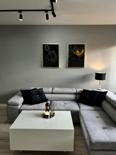 a living room with a couch and a coffee table at Apartament Lux SunRise in Żywiec