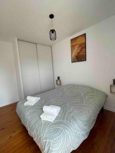 um quarto com uma cama com duas toalhas em Le vieux Moyrenc em Moirans