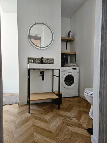 ein Badezimmer mit einem Waschbecken und einer Waschmaschine in der Unterkunft Cœur de ville in Bourgoin